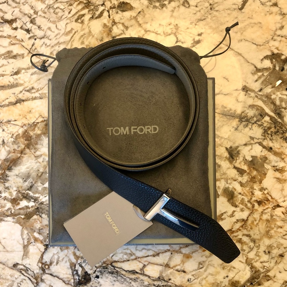 New NIB Tom Ford Taupe Black Silver Leather Belt